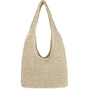 Women's Beige Large Straw Beach Bag Handmade Woven Shoulder Hobo Tote Handbag